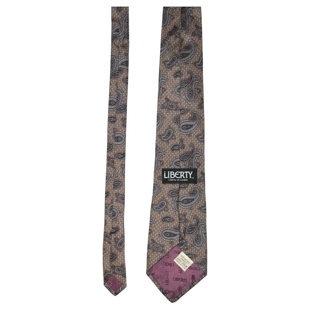Liberty Of London Necktie Men’s Tan Brown Purple Blue 57x3.5 Tie 100% Silk